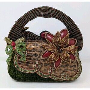 Mary Frances Holiday Purse Beaded Handbag Holly Christmas Poinsettia Vtg Bag